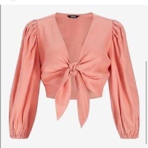 New Express Empire Tie Waist Blouse Top Linen Puff Sleeve Pink Medium
